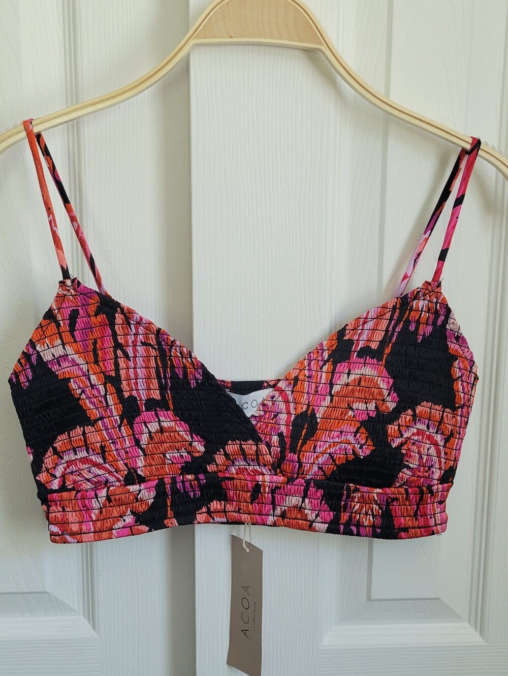 ACOA Tropical Print Smocked Bralette Crop Top Black Pink, Boho, Women's Medium